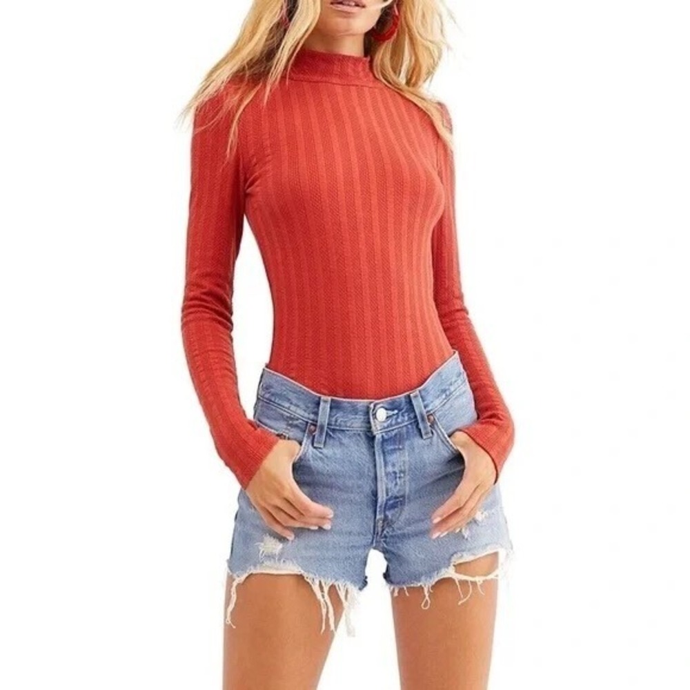 Free People Red Open Back Scarf Tie Long Sleeve Top S Mock Neck Boho Festival - Picture 11 of 11
